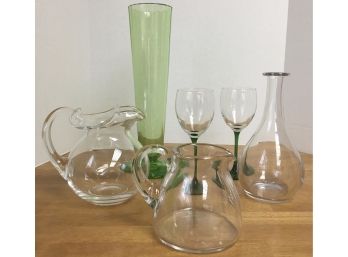 Glass Lot With Tall Green Vase, And Green Stem Wine Glasses