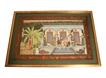 Indian Hand Painted Framed Silk Painting Early 17th Century Mughal Dynasty