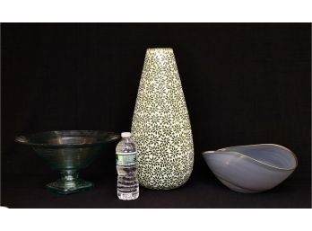 A Tall Green Glass Floral Vase And Two Accent Bowls