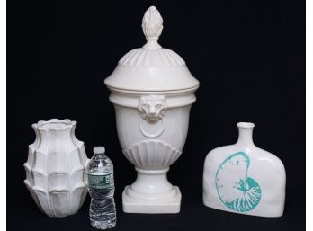 Lions Head Urn With Lid And 2 White Glazed Decorative Accent Vases