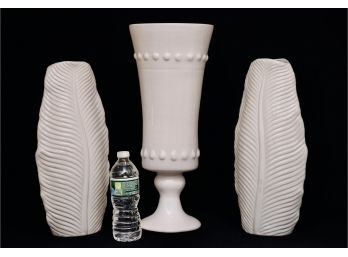 Set Of 3 White Glazed Decorative Accent Vases