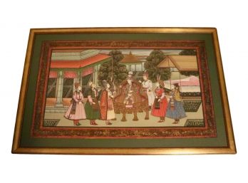 Indian Hand Painted Framed Gouache Silk Painting Of Mughal Dynasty