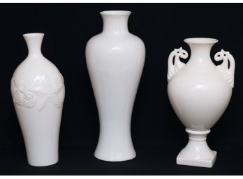 Set Of 3 White Glazed Accent Decorative Vases