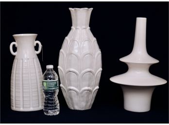 Set Of 3 Distinguished White Glazed Decorative Accent Vases