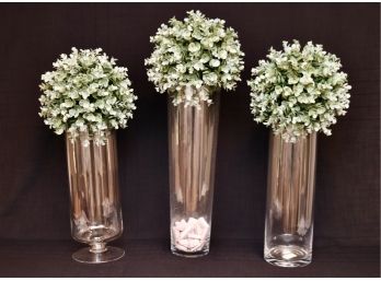 Set Of Glass Vases And Faux Round Plants