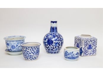 Collection Of Blue And White Porcelain Vase And Planter Pots