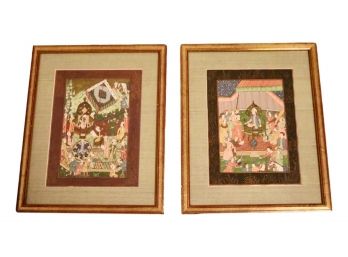 Pair Of Indian Hand Painted Mughal Framed Silk Paintings