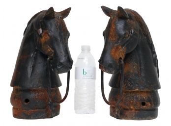 Pair Of Cast Iron Horse Head Hitching Post Toppers