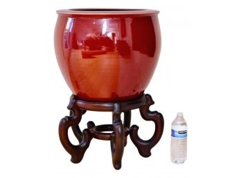 Large Glazed Oxblood Porcelain Planter On Carved Wooden Stand
