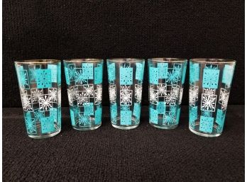 5 Mid Century Modern Blue And White Atomic Drinking  Glasses