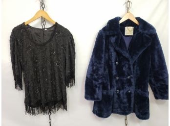 Women's Vintage Blue Teddy Bear Coat & Black Silk Blouse