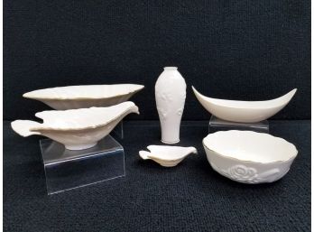 LENOX 24kt Gold Trim Bone China; Bud Vase, Dove Dishes, Boat Dish, Rose Bowl & Chadwick Centerpiece