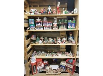 5 Shelves Of Christmas Trimmings & Trappings  Vintage Celluloid Figures, Ceramic Houses & More