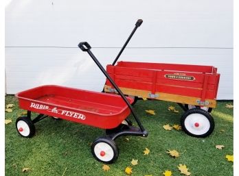 Two Red Radio Flyer Gardening  Wagons