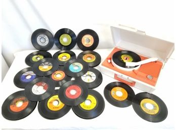 Vintage GE Portable Record Player With Seventy-Two 45rpm Records