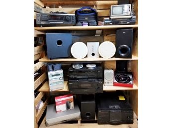 4 Shelves Of Various Electronics; Pioneer, Kenwood, Garmin, Speakers, Cameras, Walkman's & More!