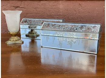 Two Mirrored Storage Boxes And Lamp With Brass Based Frosted Glass