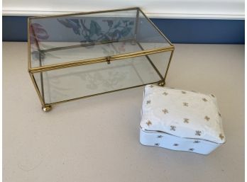 Brass & Glass Jewelry Case & Petite Porcelain Dishes