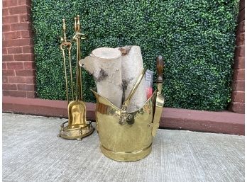 Fabulous Polished Brass Ash Bucket And Fireplace Tools