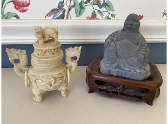 Petite Buddha Statue On Wood Base And Chinese Carved Bone Look Resin Jar