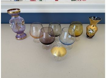 Beautiful Petite Hand Painted Vases And Colored Cordial Glasses