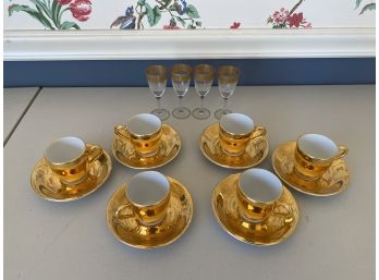 Royal Worcester Gold Demitasse Cups & Saucers And Vintage Gold Rimmed Cordial Glasses