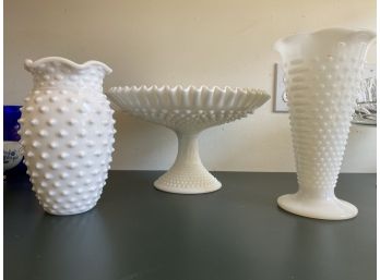 Vintage Hobnail Milk Glass Vases And Likely Fenton Compote Dish