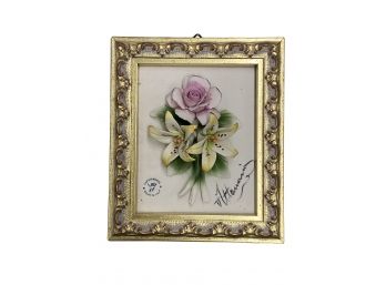 Peite Vintage Capo Di Monte Framed Ceramic Floral Bouquet