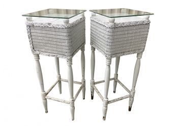 Pair Of Petite Painted Wicker Side Tables With Glass Tops