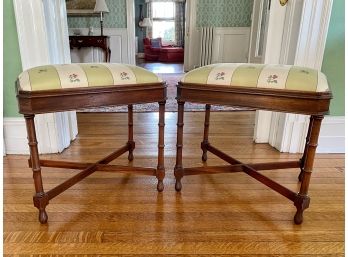 Pair Of Heckman Vintage Trestle Base Wooden Footstools With Cushioned Seat
