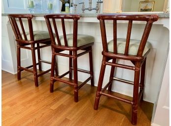 McGuire Wooden Counter Stools With Rattan Accents And Seat Cushions - Set Of 3