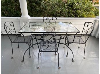 Vintage Wrought Iron Glass Top Outdoor Dining Table And Chairs