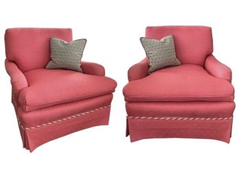 Pair Of Matching Coral Fabric Upholstered Armchairs With A Roped Cording Accent