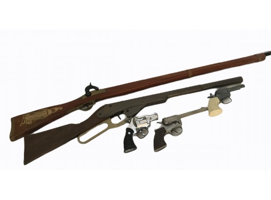 Lot Of 2 Vintage Wood, Metal & Plastic Toy Rifles + 3 Revolvers.