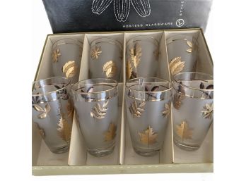 Vintage MCM Libbey Glass -'Golden Foliage'  8 Highball Glasses- Original Box