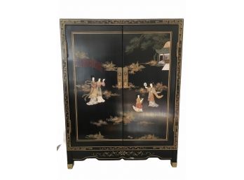 Vintage Lacquer Chinese Cabinet With Carved Soapstone