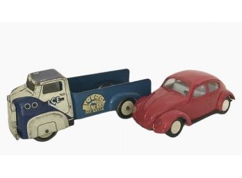 2 Vintage Metal Toy Cars: Wyandotte Igloo Icy Company + Tonka Red VW Beatle.