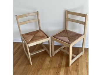 Newer Pair Blonde Wood Chairs With Rush Seats