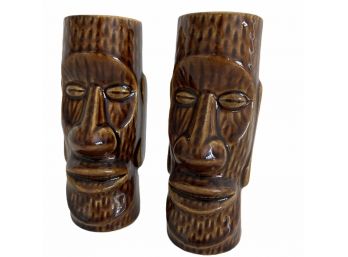 Pair (C) Of Vintage Tiki Ceramic Cocktail Glasses 6 3/4' Tall