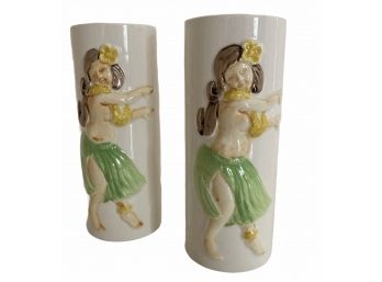 Pair (C) Of  Vintage Hula Girl Tall Ceramic Cocktail Glasses 6' Tall