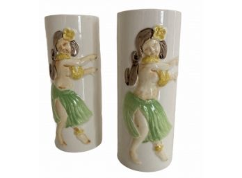 Pair (D) Of  Vintage Hula Girl Tall Ceramic Cocktail Glasses 6' Tall