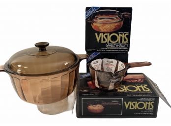Vintage Corning 'VISIONS' Glass CooKware Lot (B) 4 Pcs Plus Covers