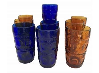 Nine Vintage Cobalt Blue & Amber Chunky Glass Water Glasses