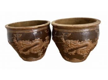 Pair Of Large Antique Dragon Glazed Earthenware Jardinere (B) 15' X 13'