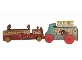 2 Vintage Fisher Price Toy Trucks; A Milk Wagon +  Fire Truck