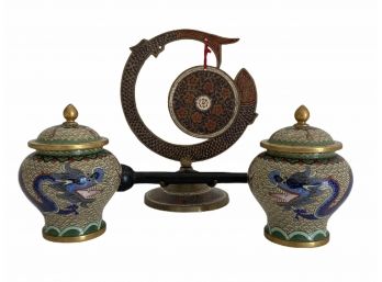 Pair Antique Chinese Cloisonne Small Covered Dragon Jars + Enamelled Brass Gong