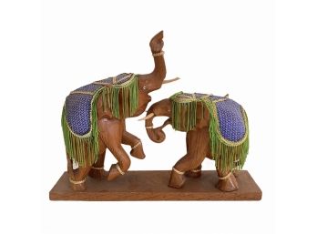 Vintage Carved Wood Elephants On 14'  X 11'