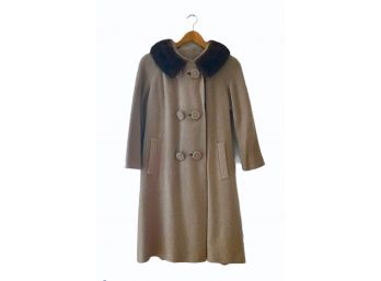 Lovely Beige Tweed Wool Vintage A-Line Coat W/ Brown Fur Collar - “Franklin Simon New York”