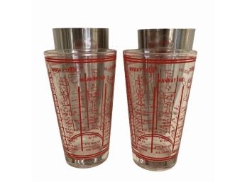 Pair (A) Vintage Stainless & Glass Bar Cocktail Shakers- Red Graphics Cocktail Recipes