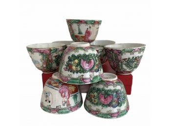 Nine Porcelain Rose Famille Chinese Teacups